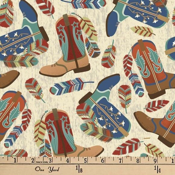 Western Boots Feathers Precut Sewing Fabric 1 Yd X 44 In Cotton Craft Clothing - Picture 1 of 2